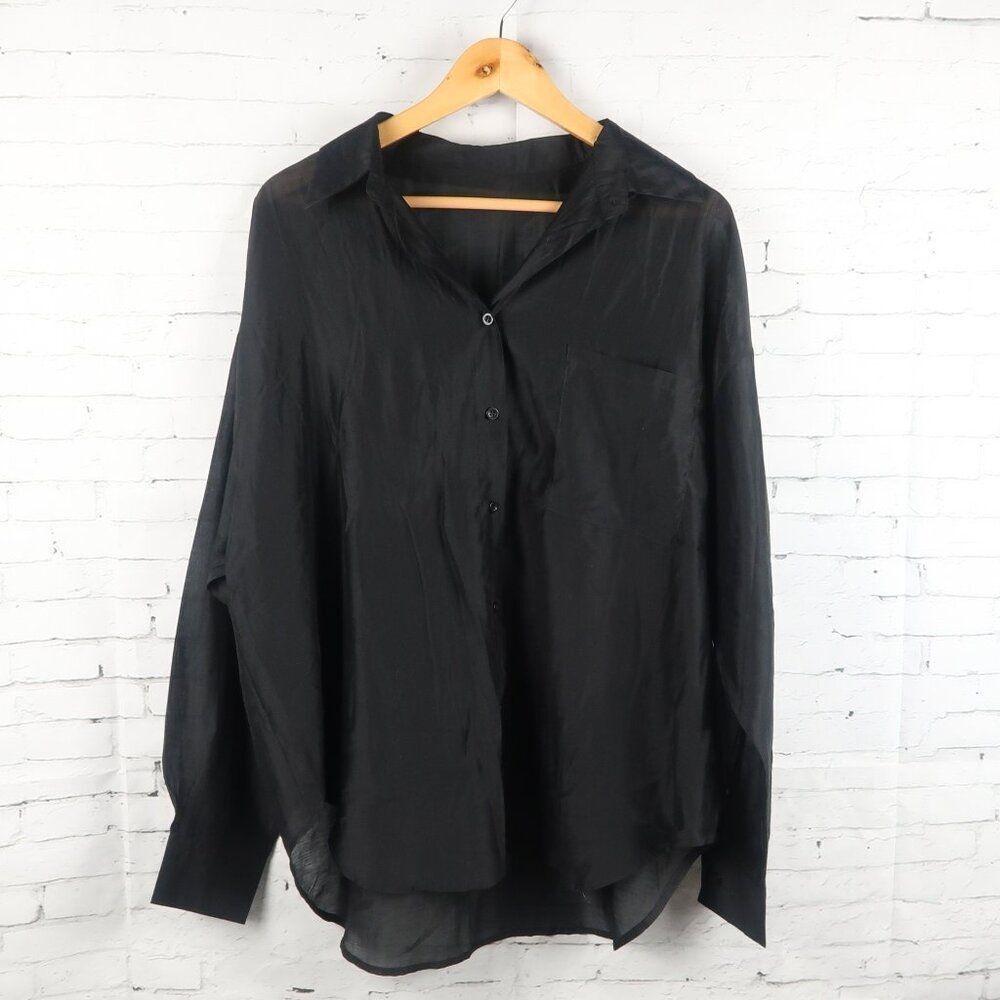 MODELE DEPOSE BLACK SEMI SHEER BUTTON DOWN LONG SLEEVE TUNIC TOP SIZE LARGE